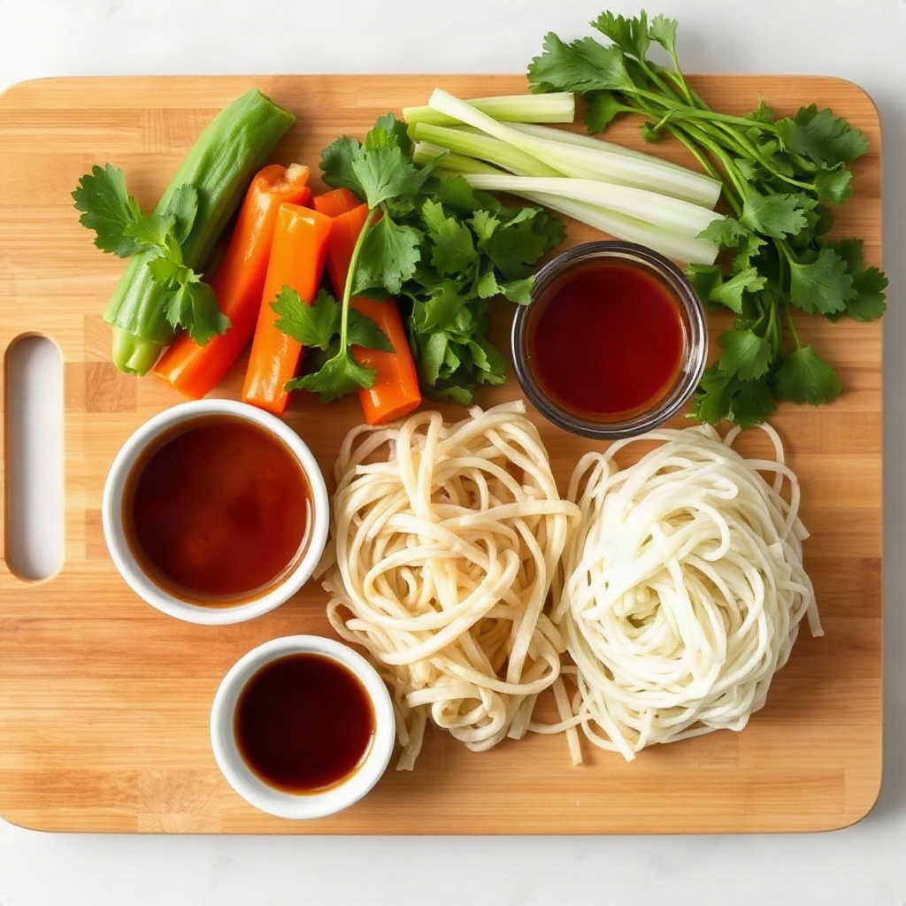 Panda Express Chow Mein 4 Raw ingredients for Panda Express chow mein, including vegetables in small bowls on a cutting board.