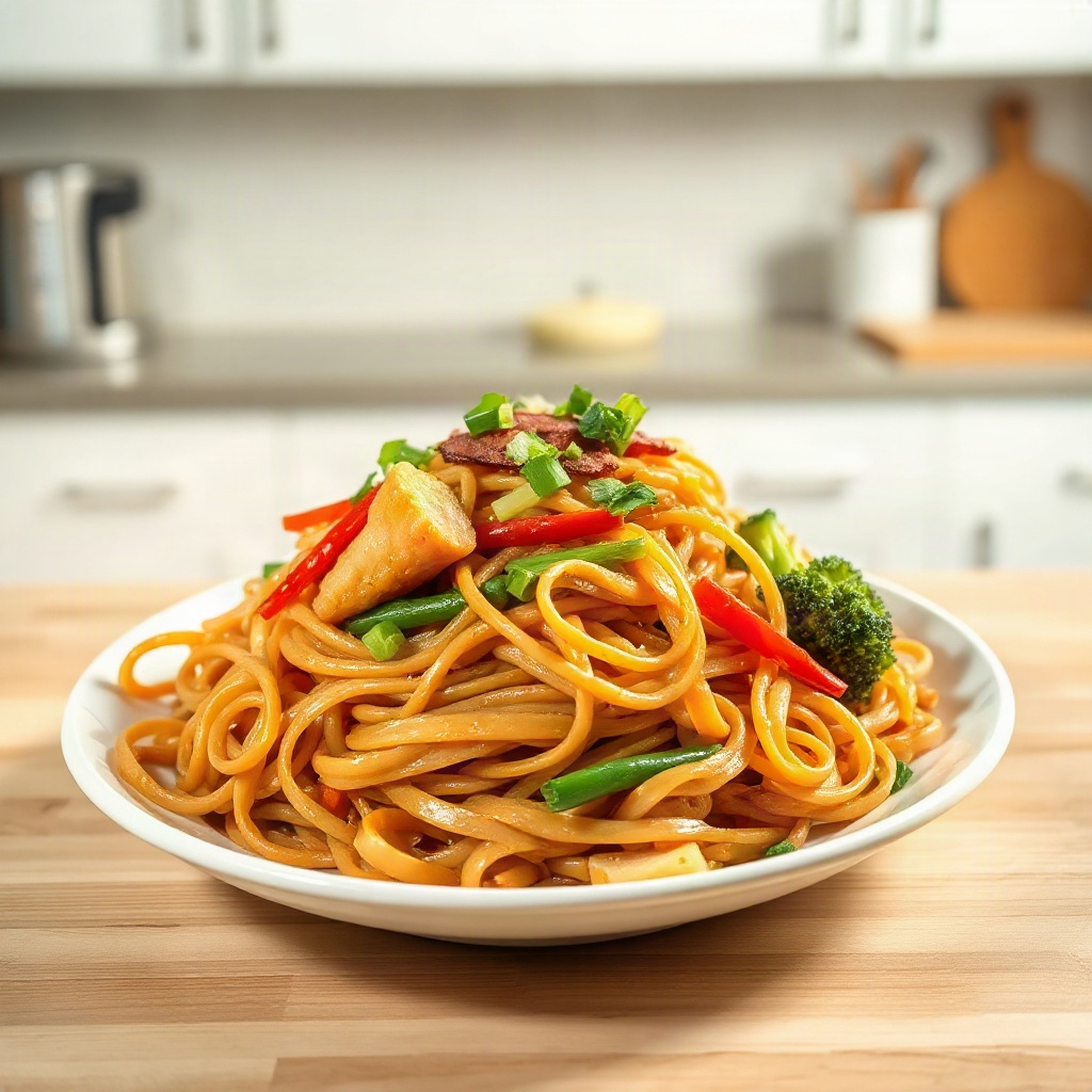 Panda Express Chow Mein 6 A serving of Panda Express chow mein with visible vegetables and noodles, garnished with green onions.