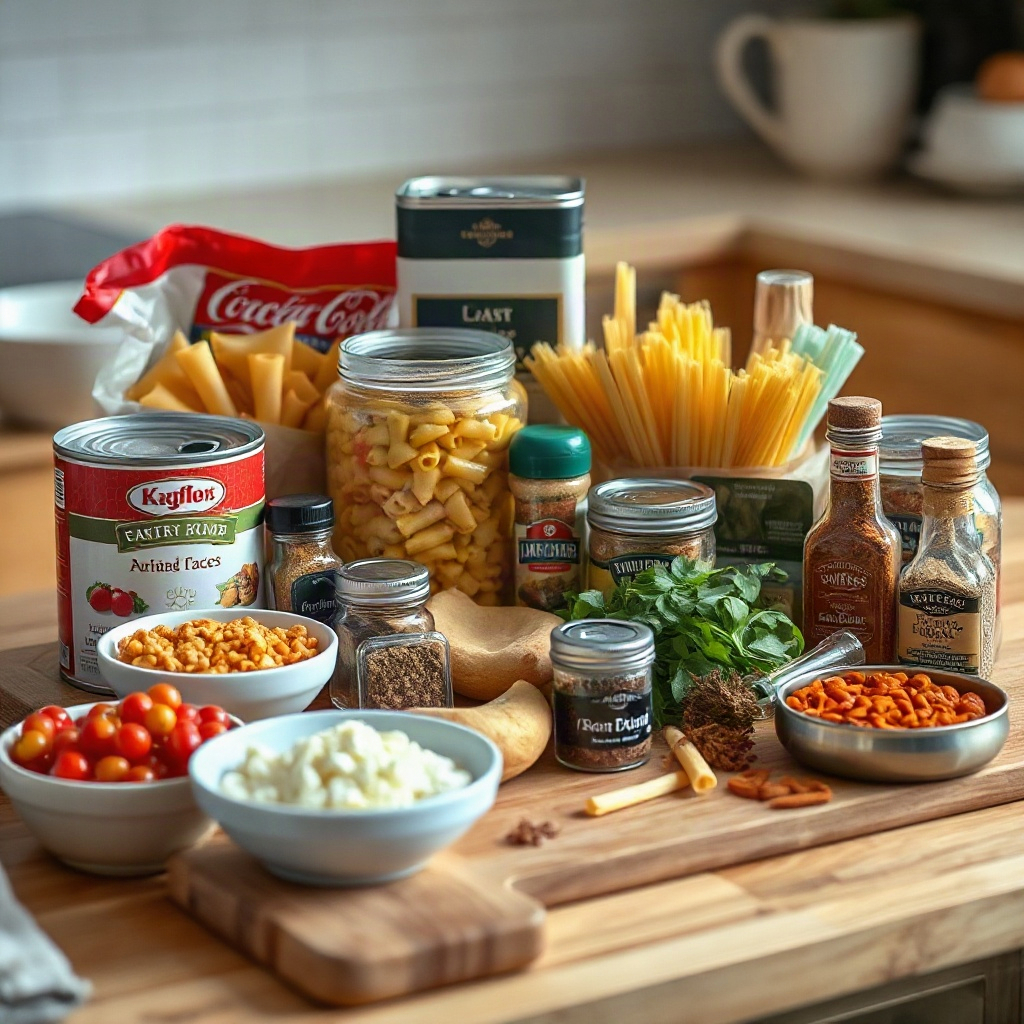 Pantry Staples Recipes: Cook With What You Have 4 Raw ingredients arranged on a counter for pantry staples recipes, including small bowls and a cutting board.