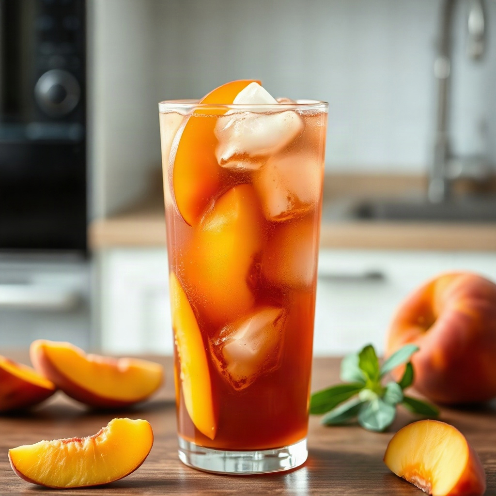 Slow Cooker Recipes 2 A refreshing glass of peach dirty soda, filled with ice and garnished with peach slices.
