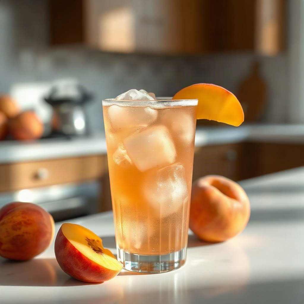 Peach Dirty Soda Recipe: A Summery Twist on the Viral Trend 4 Raw ingredients for Peach Dirty Soda arranged in small bowls on a cutting board, including fresh peaches and soda.