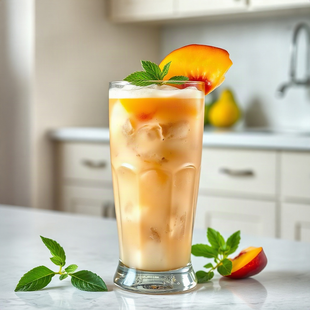 Peach Dirty Soda Recipe: A Summery Twist on the Viral Trend 6 Peach dirty soda served in a glass with peach slices and mint leaves as garnishes.