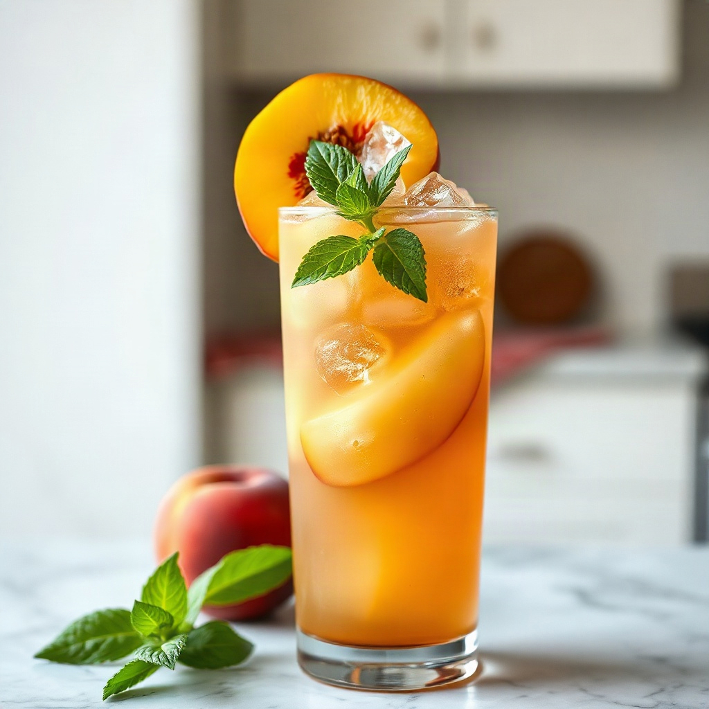 Peach Dirty Soda Recipe: A Summery Twist on the Viral Trend 6 A glass of Peach Dirty Soda garnished with fresh peach slices and mint, served over ice.