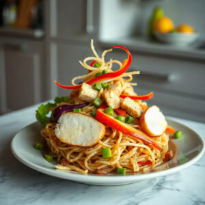 Finished Peanut Chicken Ramen Salad with vibrant noodles and chicken on a plate.