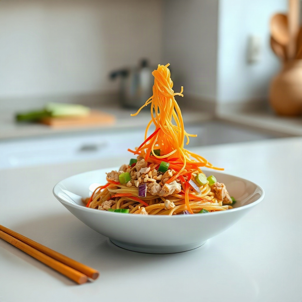 Peanut Chicken Ramen Salad: Crunchy Cold Noodle Perfection 6 A serving of Peanut Chicken Ramen Salad showcasing colorful toppings like sliced bell peppers and green onions.