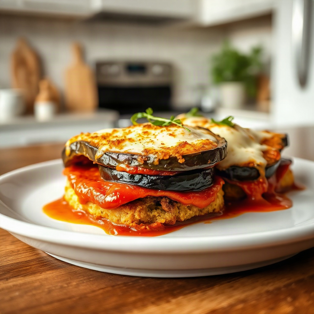 Finished Eggplant Parmesan recipe, showcasing layers of eggplant, marinara sauce, and melted cheese, as the main dish.