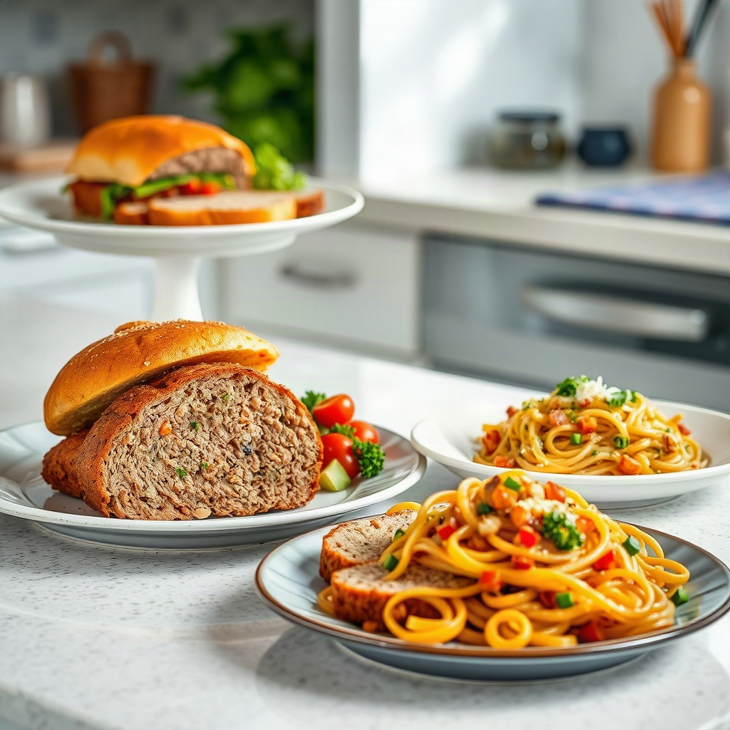 A plated dish of leftover meatloaf, showcasing slices arranged neatly with a side of pasta.