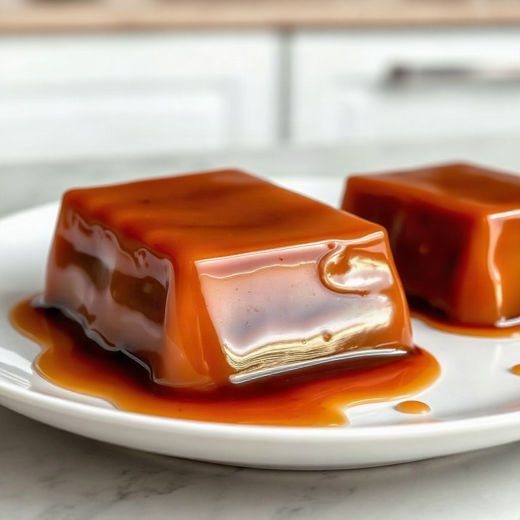 Finished miso caramel recipe on a white plate, showcasing its glossy texture and rich color.