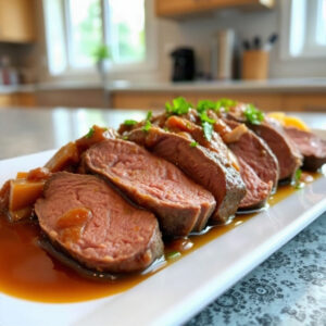 Finished Top Sirloin Slow Cooker Recipe, plated with tender meat and sauce.