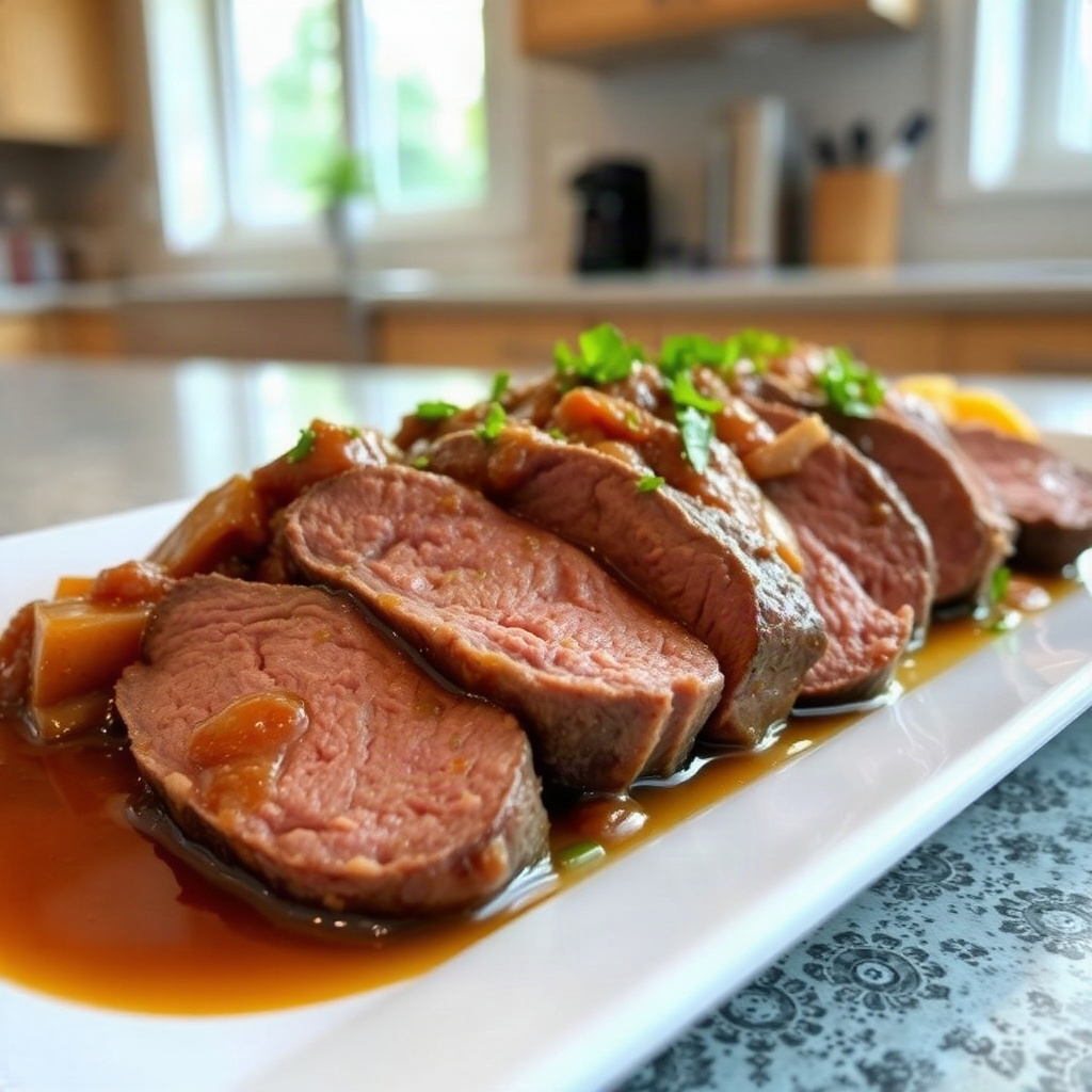 Finished Top Sirloin Slow Cooker Recipe, plated with tender meat and sauce.