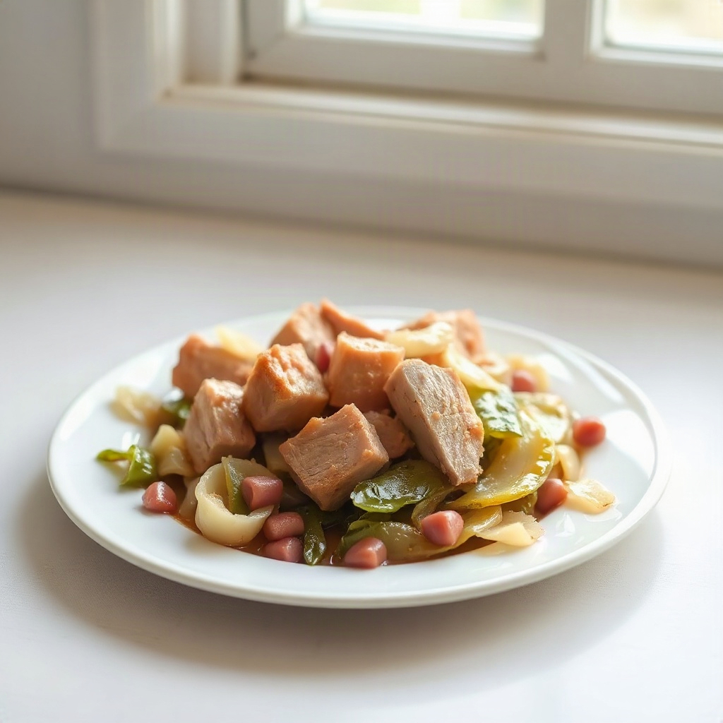 Plated pork and cabbage slow cooker dish, featuring tender pork pieces and cooked cabbage.