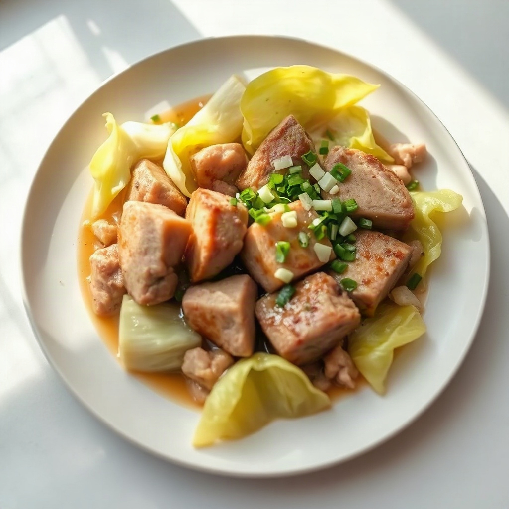 Pork and Cabbage Slow Cooker Recipe – Easy & Hearty 6 A serving of Pork and Cabbage Slow Cooker dish garnished with herbs and served in a bowl.