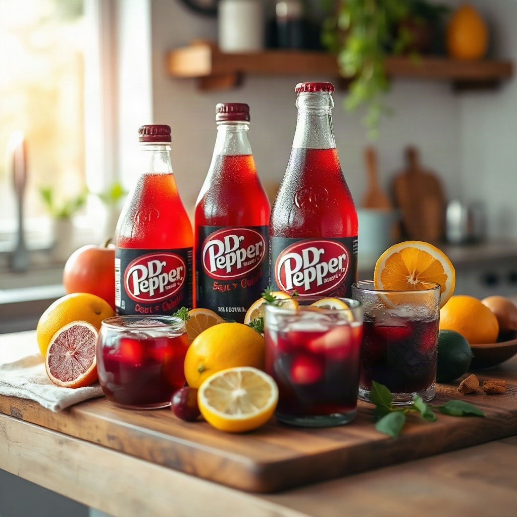 Small bowls of raw ingredients for Dr Pepper drink recipes arranged on a cutting board.