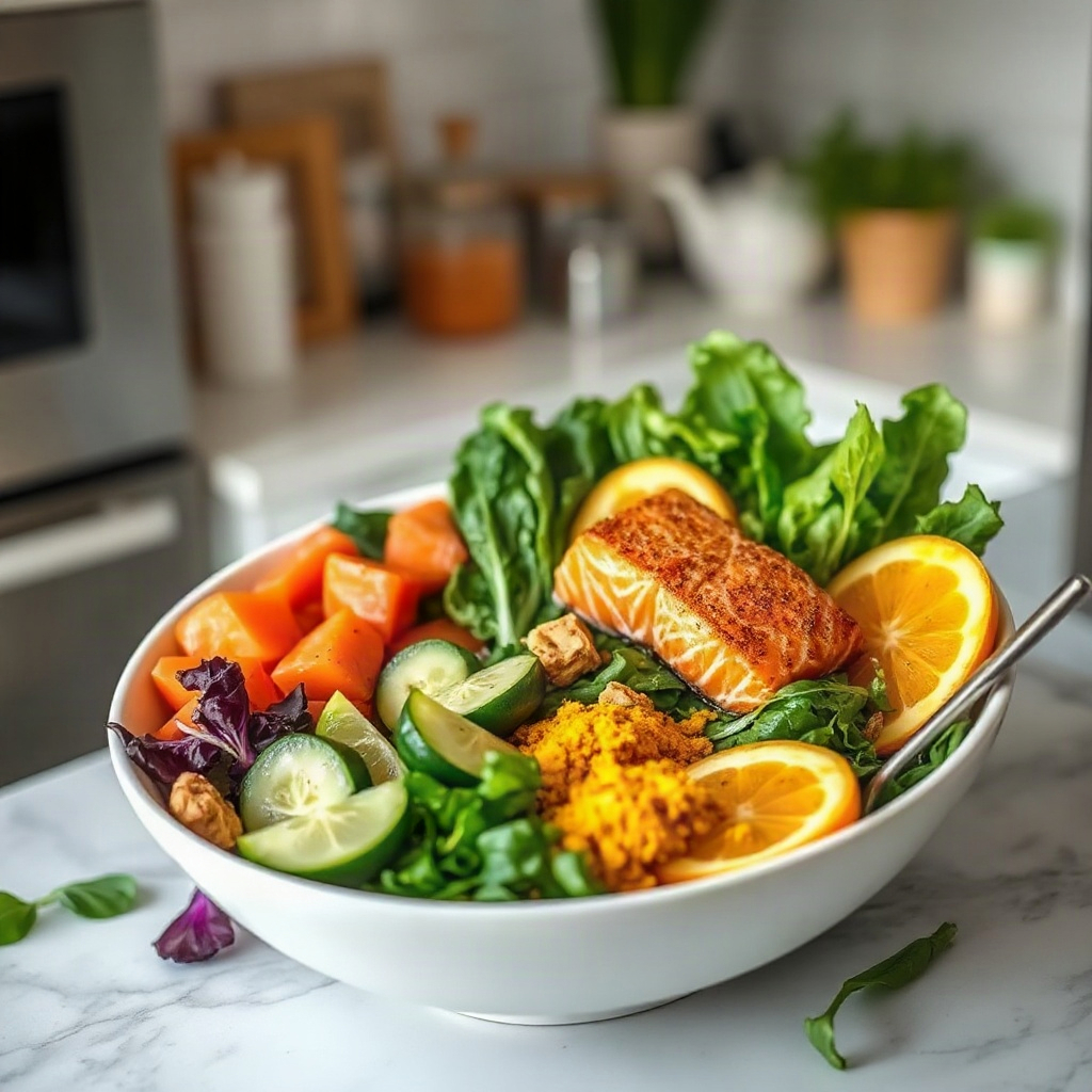 Anti-Inflammatory Salmon Bowl: Turmeric, Greens & Omega-3s 4 Raw ingredients for anti-inflammatory salmon bowl including turmeric and assorted greens in small bowls on a counter.