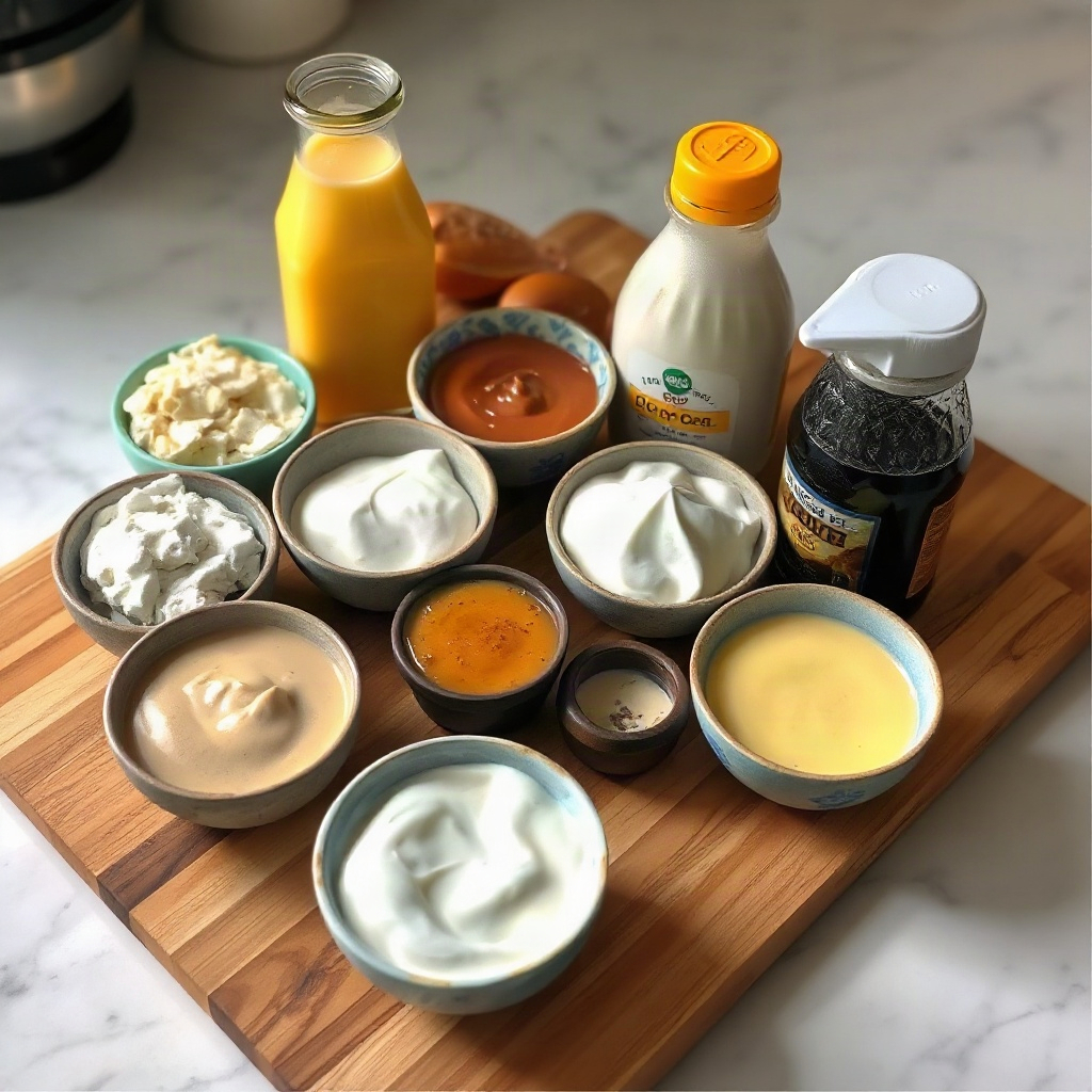 Best Creamers for Dirty Soda: How to Choose the Perfect Cream 4 Overhead view of raw ingredients for best creamer for dirty soda in small bowls on a cutting board.