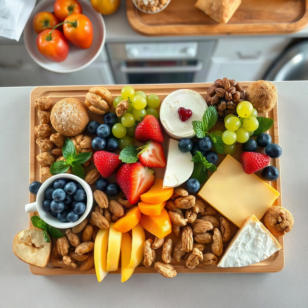 Breakfast Grazing Board: The Viral Brunch Spread Trend 4 Raw ingredients for a breakfast grazing board, including various fruits, cheeses, and nuts in small bowls on a cutting board.
