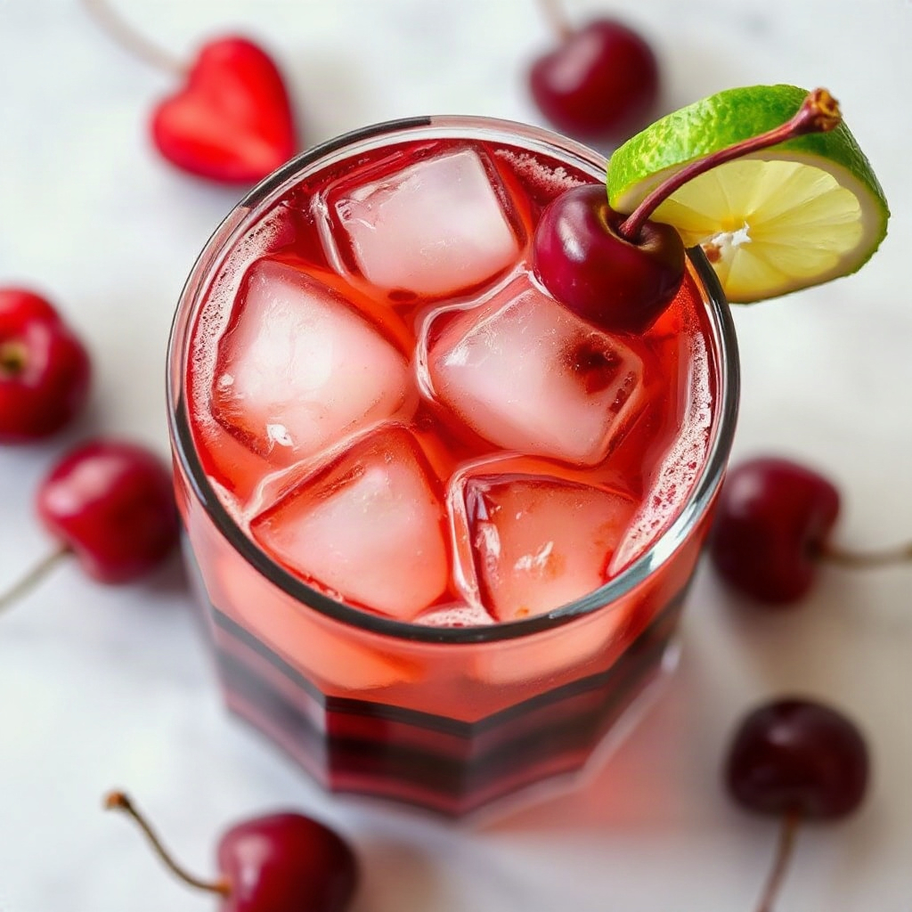 Cherry Dirty Dr Pepper Recipe: A Fruity Spin on the Viral Soda Trend 4 Raw ingredients for Cherry Dirty Dr Pepper, including cherries, soda, and lime, arranged in small bowls on a counter.