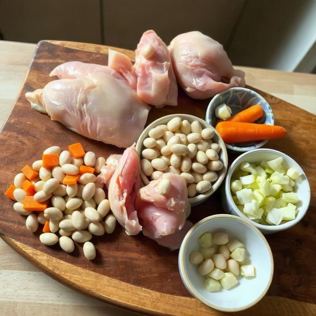 Chicken and White Bean Stew: One-Pot Wholesome Comfort 4 Raw ingredients for chicken and white bean stew, including chicken, beans, and vegetables in small bowls.