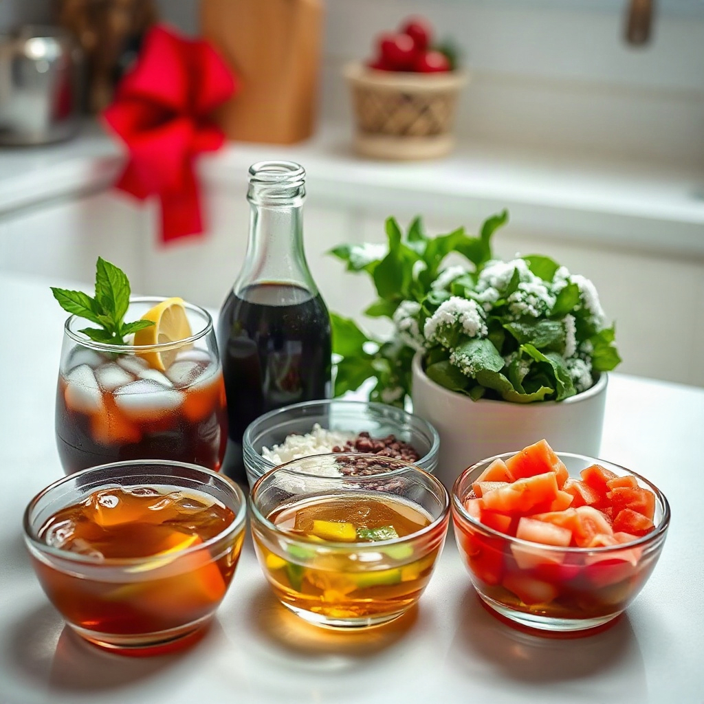 Christmas Dirty Soda Recipes: 10 Festive Drinks for the Holidays 4 Assorted raw ingredients for Christmas Dirty Soda Recipes arranged in small bowls on a counter.
