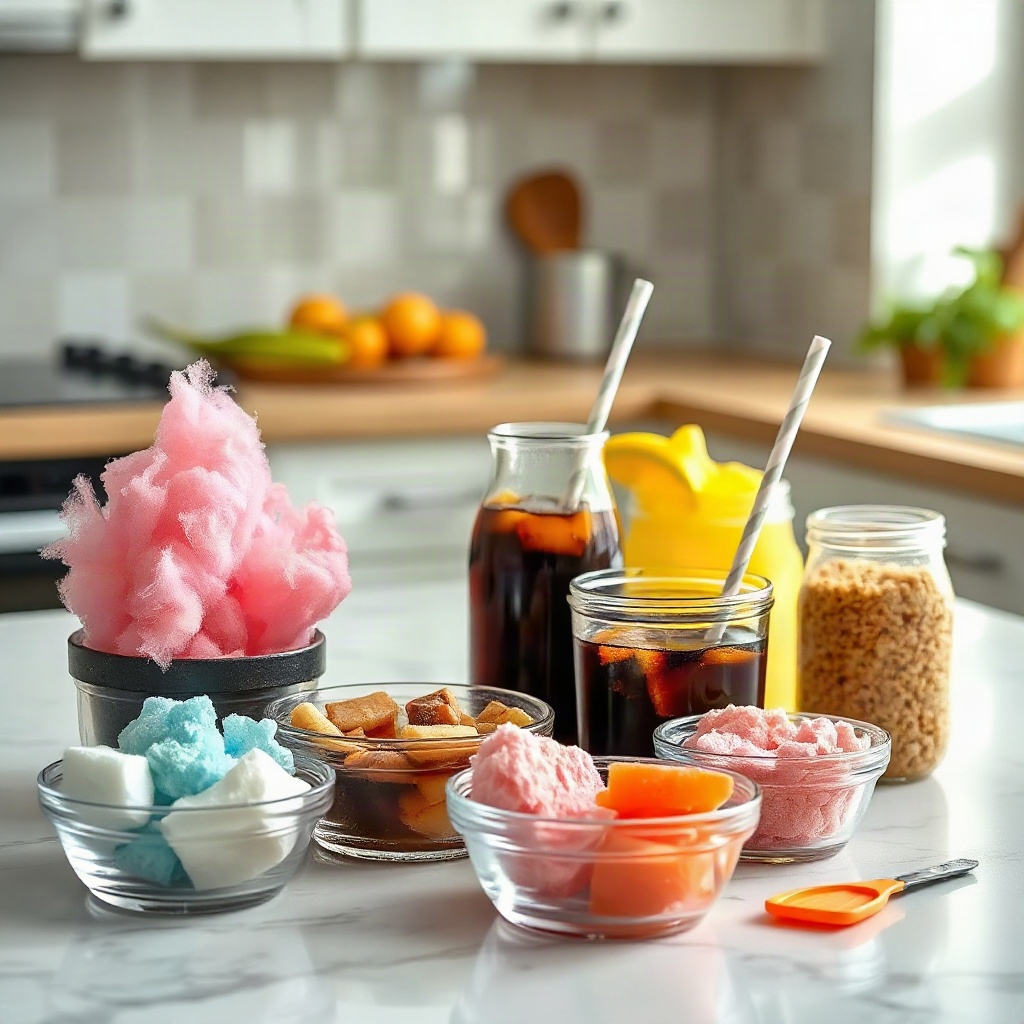 Cotton Candy Dirty Soda Recipe: A Fun and Colorful Soda Hack 4 Overhead shot of small bowls containing colorful ingredients for cotton candy dirty soda.