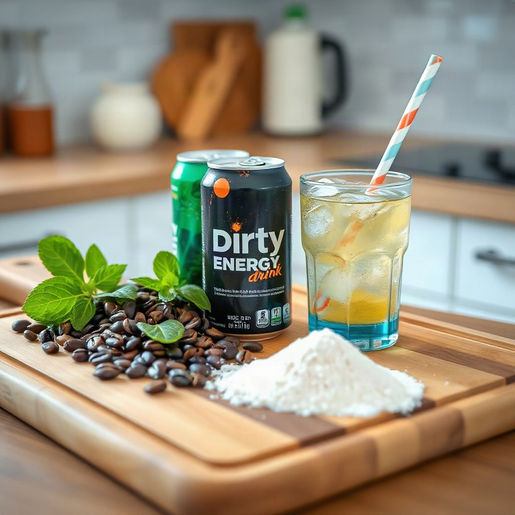 Raw ingredients for a dirty energy drink recipe, including small bowls of various components arranged on a countertop.