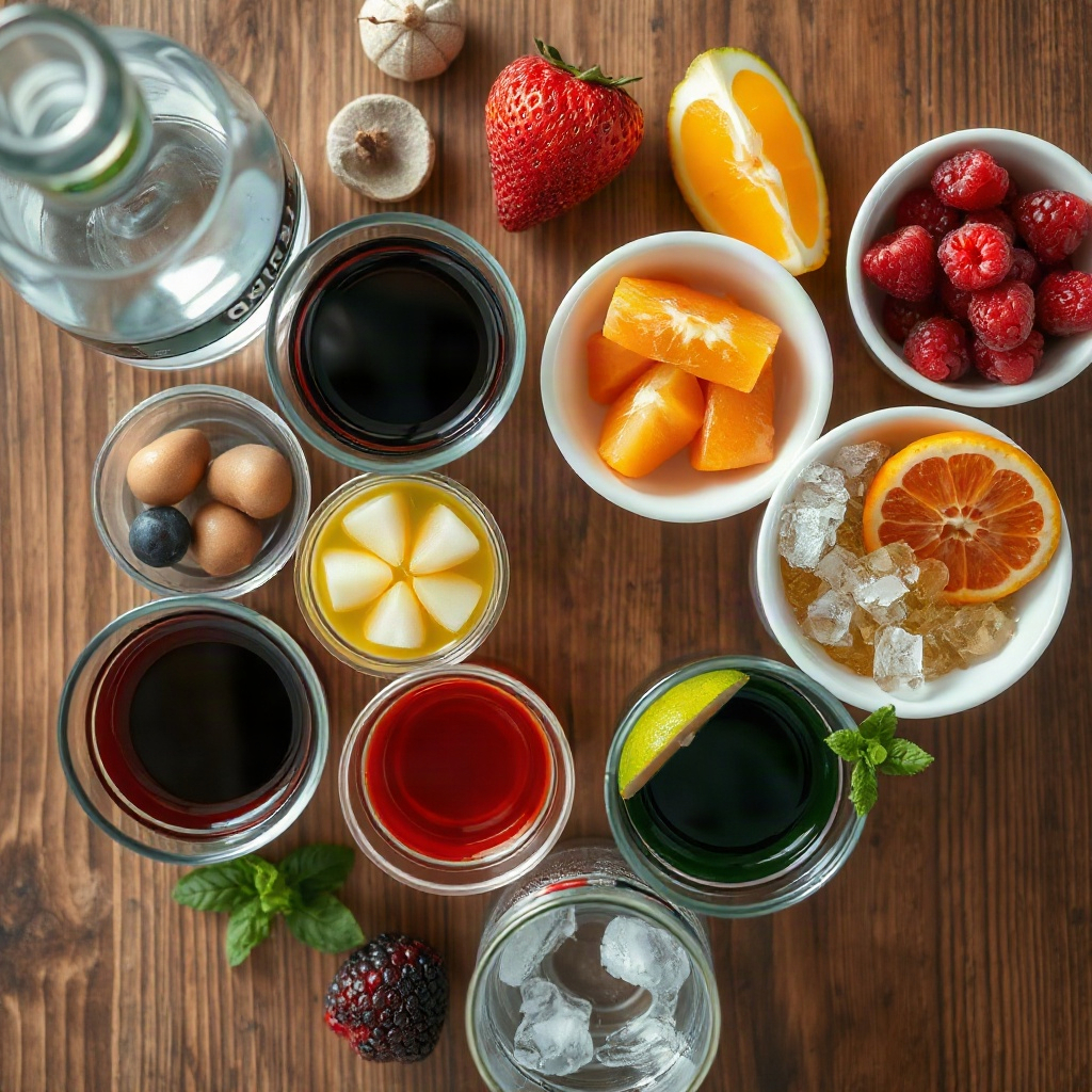 Small bowls of raw ingredients arranged on a cutting board for dirty soda combinations.