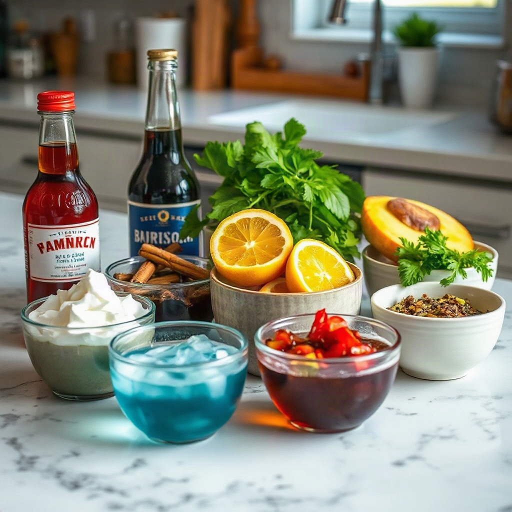 Various raw ingredients for dirty soda recipes arranged in small bowls on a counter.