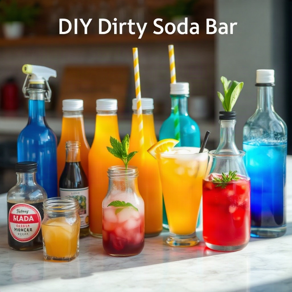 A collection of raw ingredients for a DIY dirty soda bar, including small bowls of flavored syrups and mixers on a cutting board.