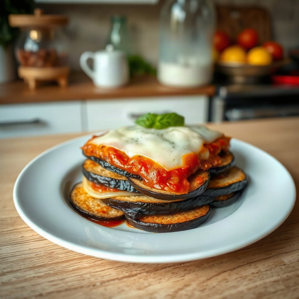 A selection of raw ingredients for eggplant parmesan, including eggplant, cheese, and herbs, arranged on a cutting board.