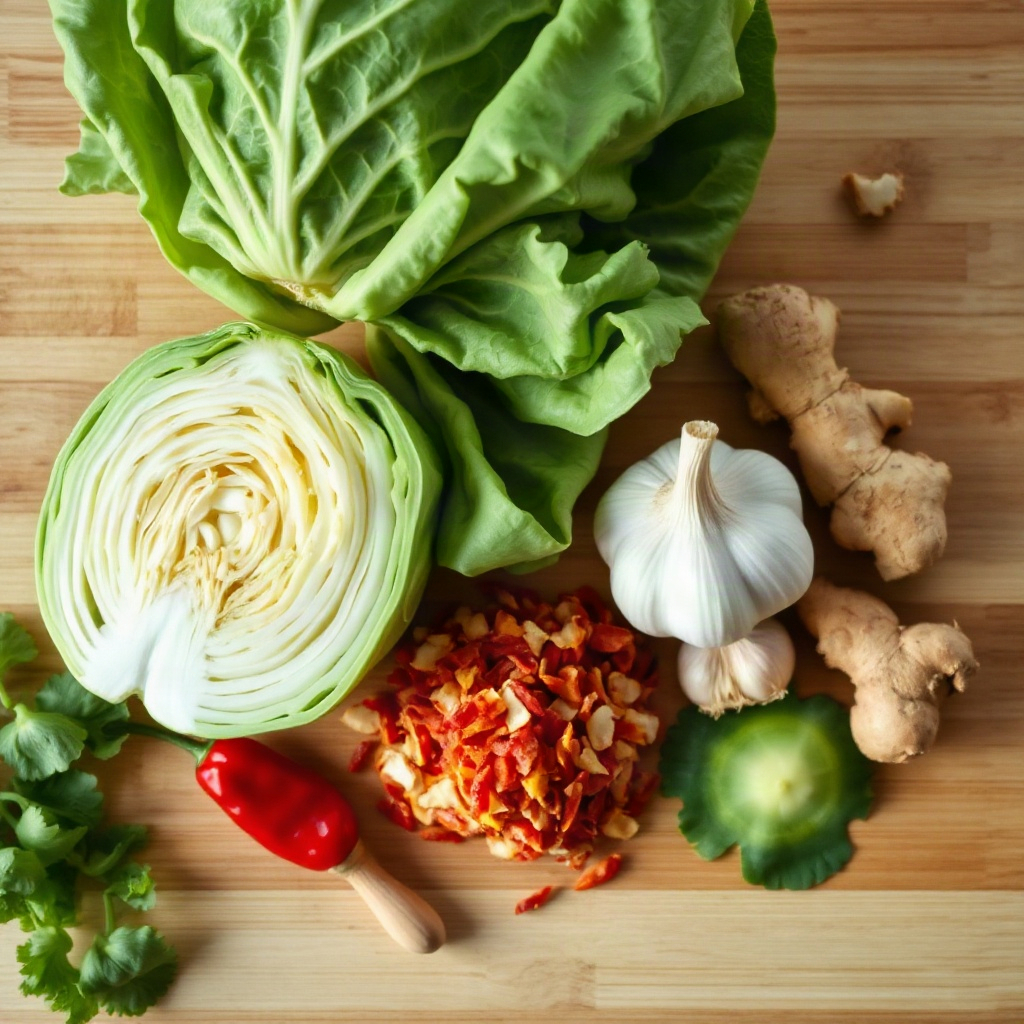 Fermented Cabbage Recipes for Gut Health: Kimchi, Sauerkraut & More 4 Raw ingredients for fermented cabbage recipes, including small bowls of cabbage and seasoning on a cutting board.