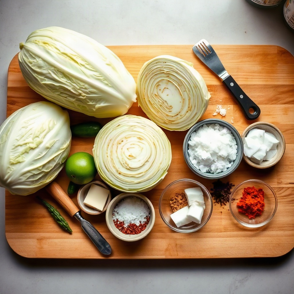 Fermented Cabbage Recipes for Gut Health: Kimchi, Sauerkraut & More 1 An overhead view of raw ingredients for fermented cabbage recipes, including small bowls of cabbage and spices on a cutting board.