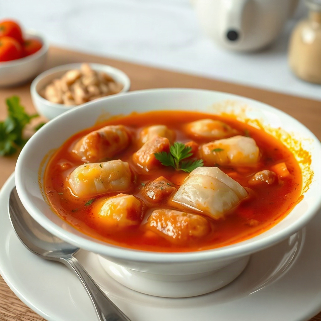 Golumpki Soup: The Cozy Polish Cabbage Roll Soup Trending on Pinterest 4 Raw ingredients for Golumpki Soup, including cabbage, ground meat, and rice, arranged on a cutting board.