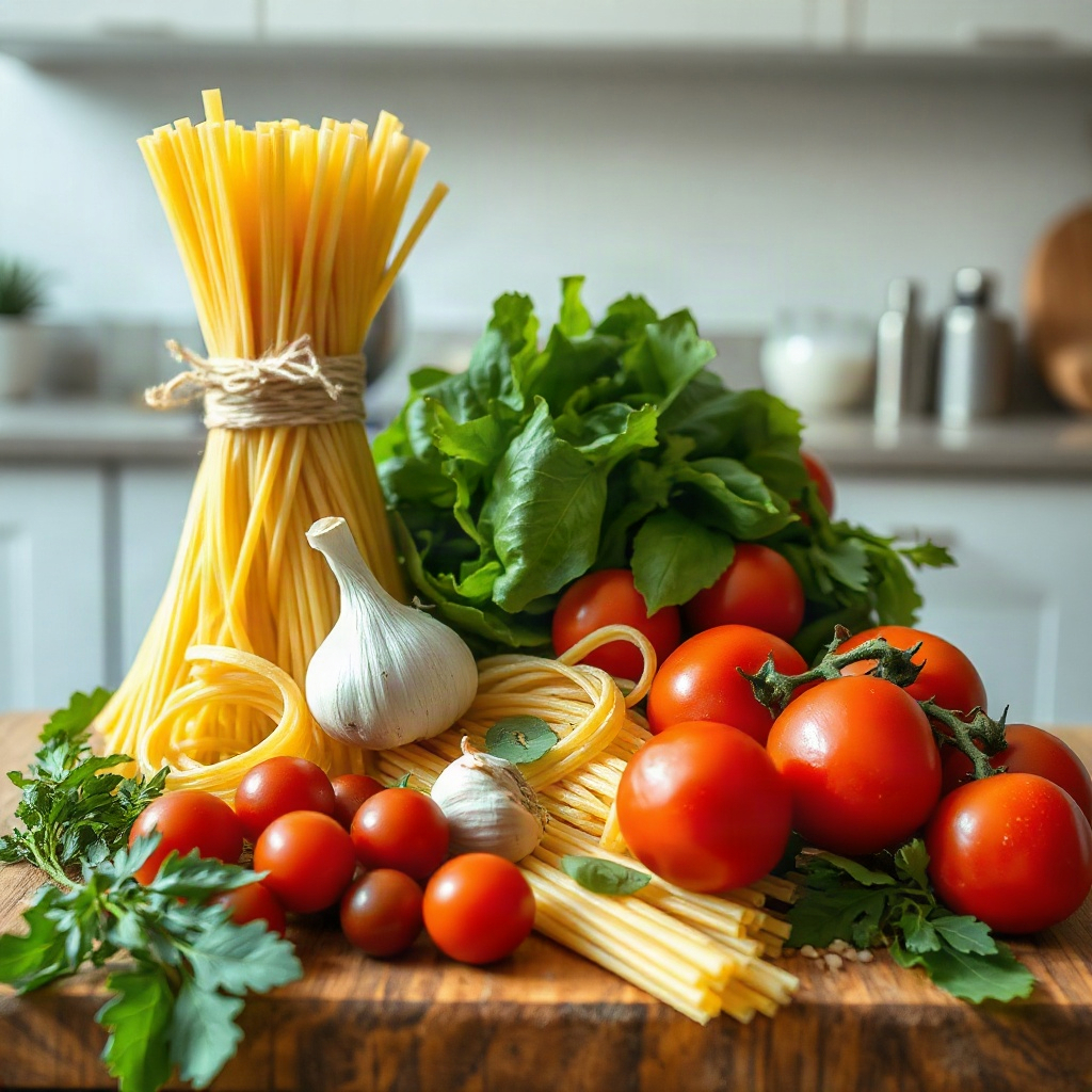 15 Creative Leftover Spaghetti Recipes 4 Various raw ingredients arranged in small bowls on a cutting board, used for leftover spaghetti recipes.