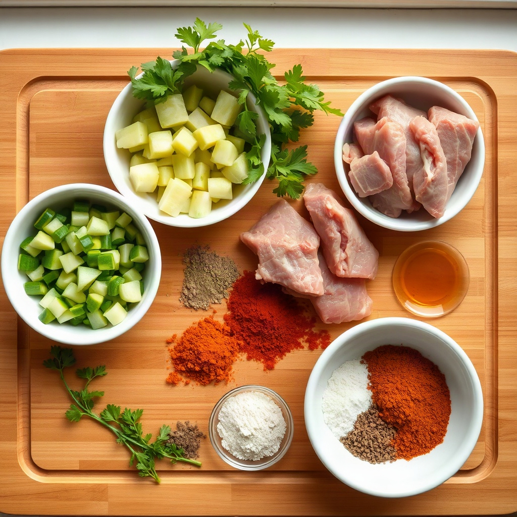 Magic Mill Crockpot: Features, Recipes & User Guide 4 Assorted raw ingredients for a Magic Mill Crockpot recipe, displayed in small bowls on a cutting board.