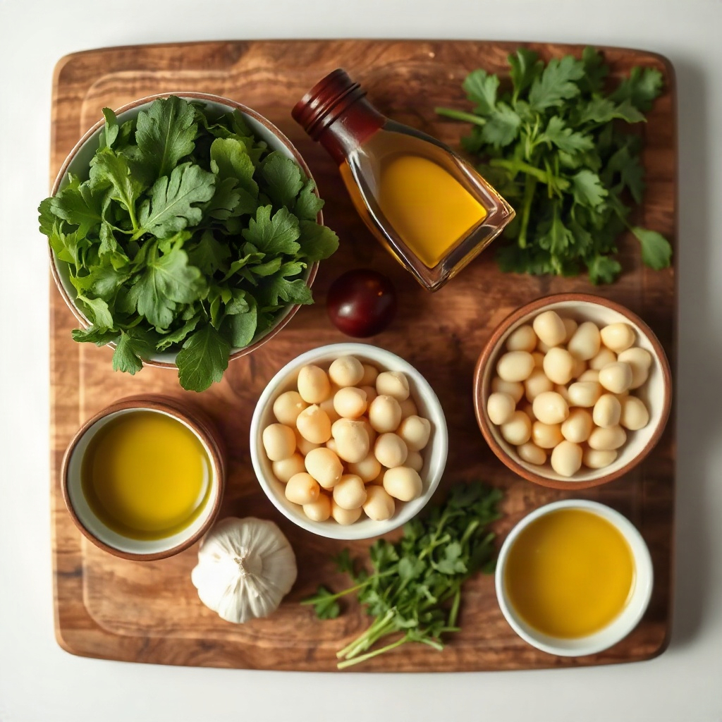 Mediterranean White Beans and Greens: One-Skillet Rustic Dinner 4 Raw ingredients for Mediterranean white beans and greens, including small bowls of beans, greens, and spices on a cutting board.