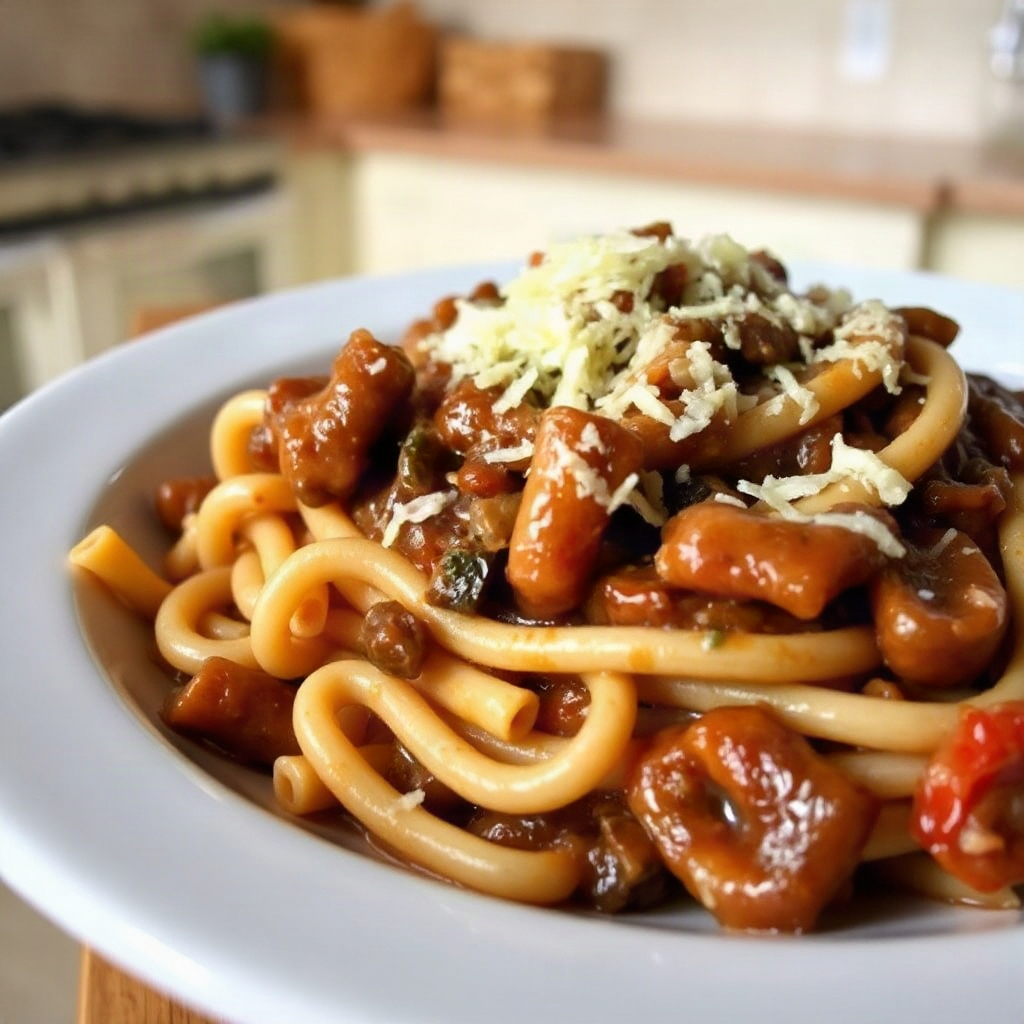 One-Pot French Onion Rigatoni: The Viral NYT Comfort Food Recipe 4 An overhead view of raw ingredients arranged for one-pot French onion rigatoni, including onions and pasta in small bowls.