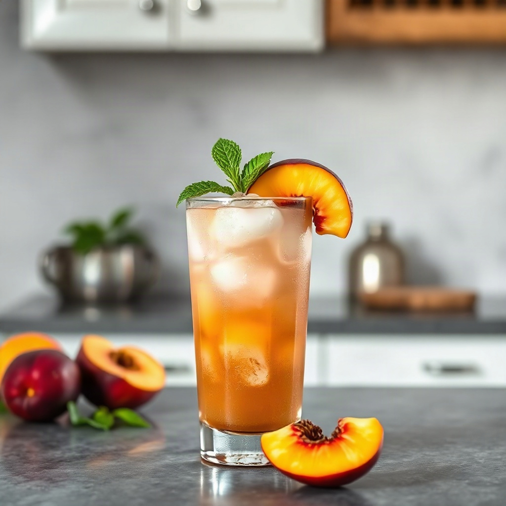 Peach Dirty Soda Recipe: A Summery Twist on the Viral Trend 4 Bowls of raw ingredients for making peach dirty soda, including peaches and soda, arranged on a counter.
