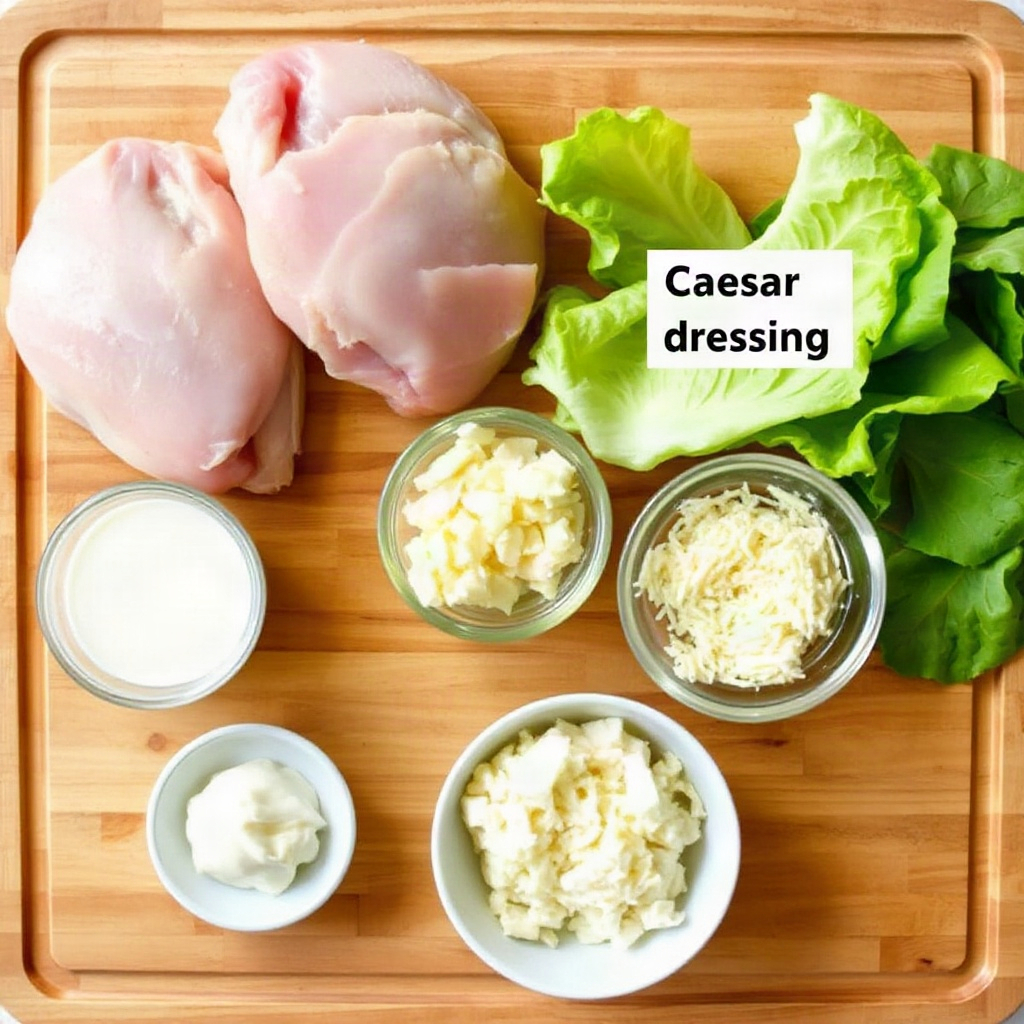 Raw ingredients for Slow Cooker Chicken Caesar arranged in small bowls on a cutting board.