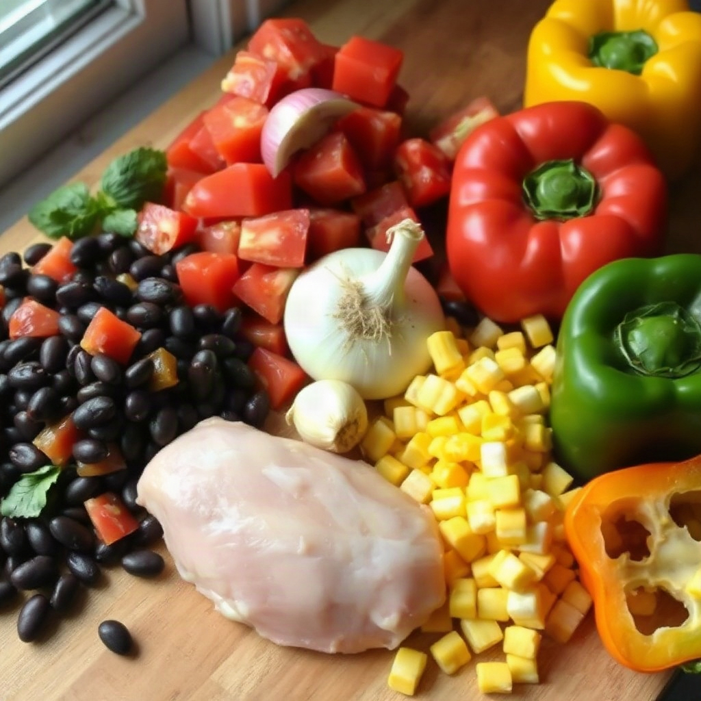 Slow Cooker Chicken Tortilla Soup – Easy & Flavorful 4 Assorted raw ingredients for slow cooker chicken tortilla soup, including beans, corn, and spices, arranged on a cutting board.
