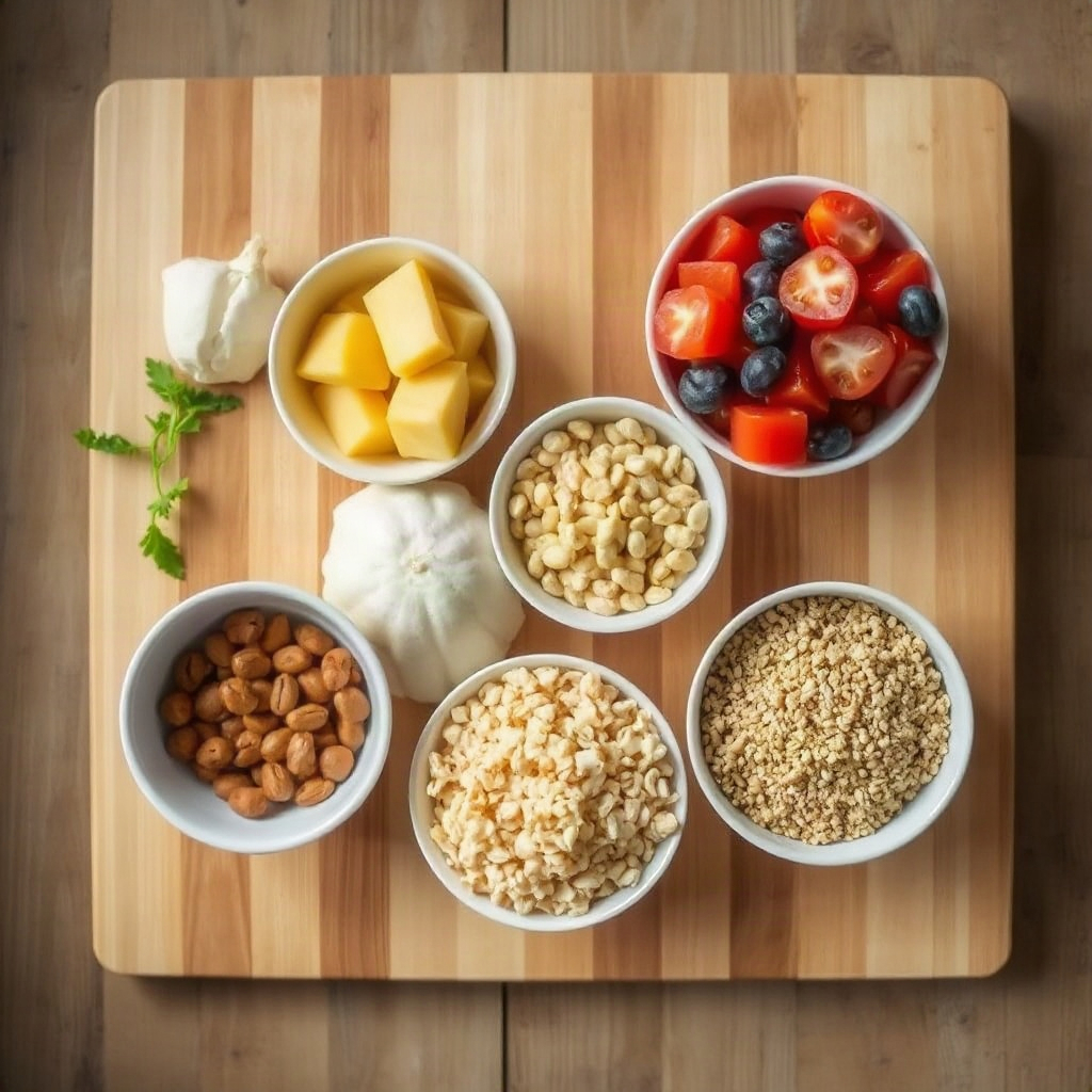 Slow Cooker Low FODMAP Recipes – Easy & Delicious Meals 4 Various raw ingredients arranged on a counter for slow cooker low FODMAP recipes, including small bowls and a cutting board.