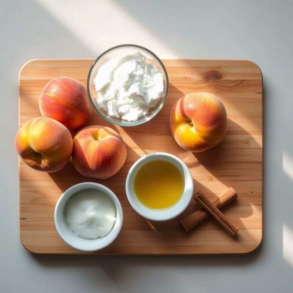 Slow Cooker Peach Butter – Easy Homemade Recipe 4 Raw ingredients for slow cooker peach butter arranged in small bowls on a cutting board.