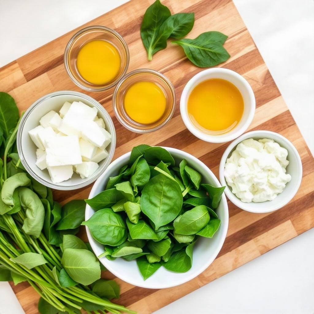 Bowls of raw ingredients for spinach egg bites, including spinach and cottage cheese, on a cutting board.