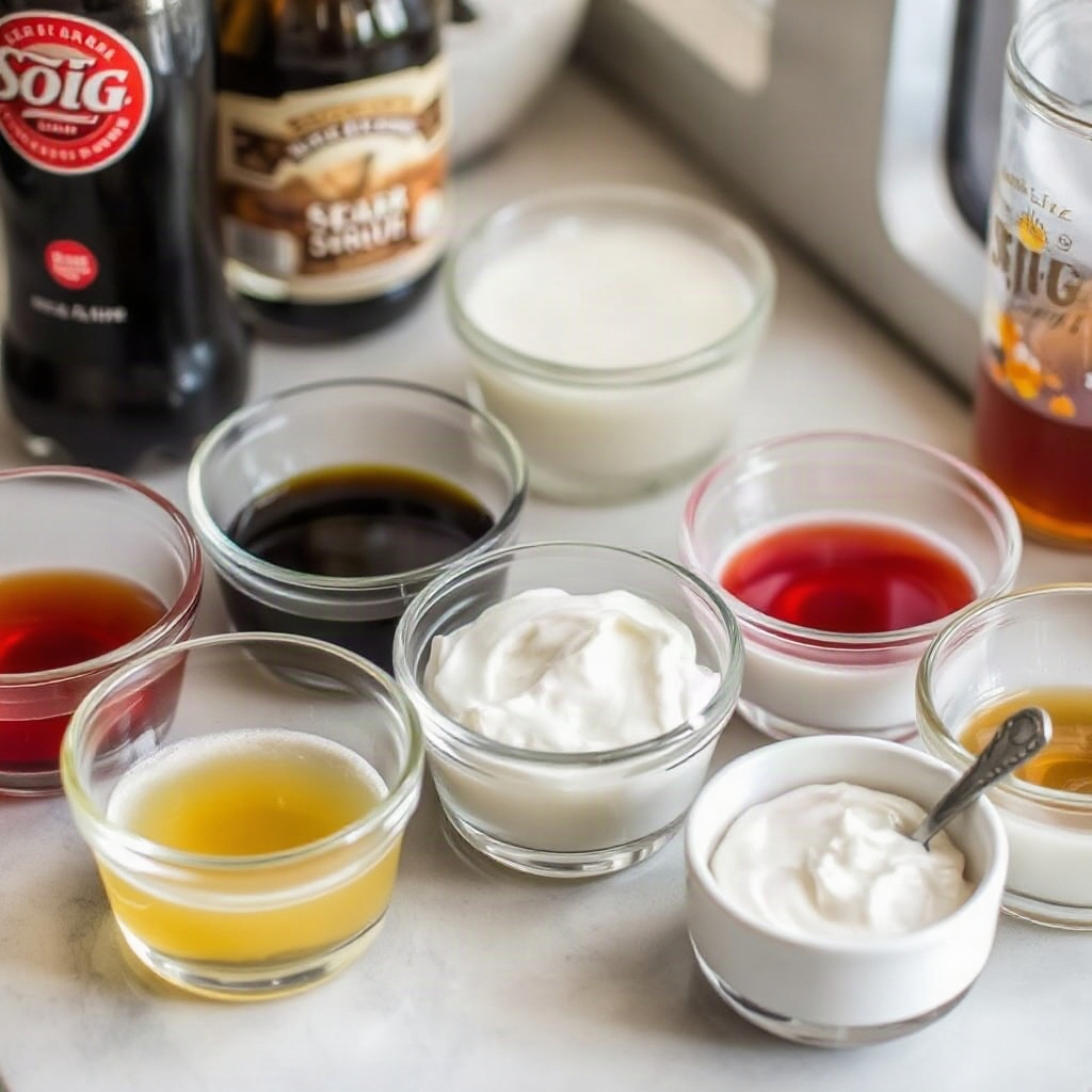Raw ingredients for Swig Dirty Soda recipes in small bowls on a cutting board.