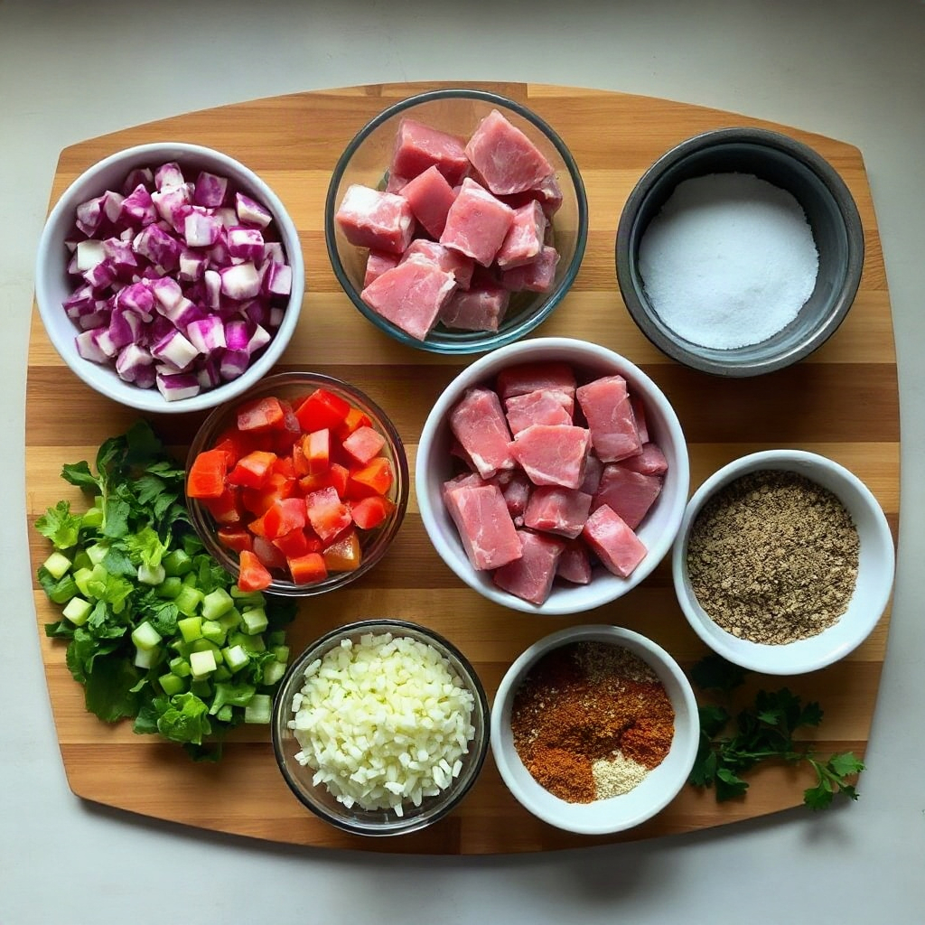 Tennessee Vols Crock Pot: Recipes, Gifts & Fan Ideas 4 Raw ingredients for Tennessee Vols Crock Pot arranged in small bowls on a cutting board.