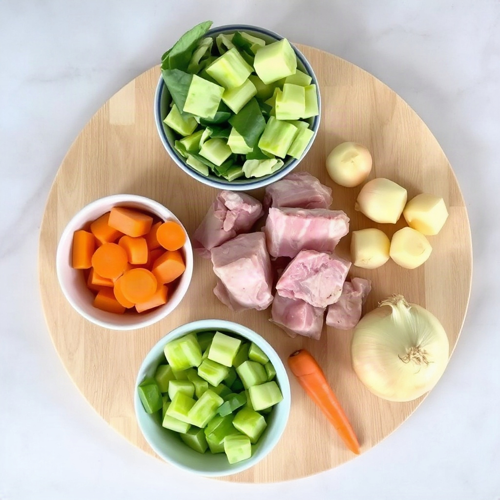 Pork and Cabbage Slow Cooker Recipe – Easy & Hearty 4 Raw ingredients for pork and cabbage slow cooker recipe including pork, cabbage, and seasoning in small bowls on a cutting board.