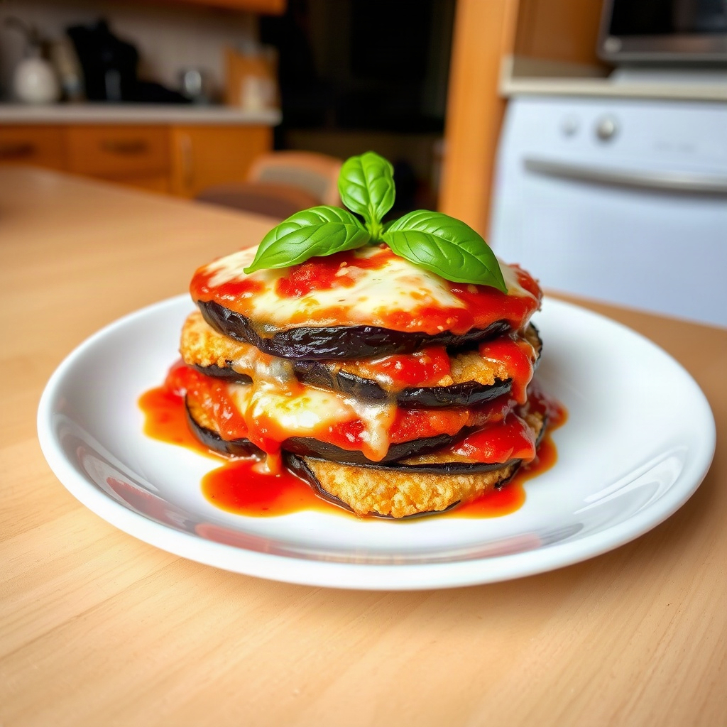 Eggplant Parmesan served with garnishes, showcasing layers of eggplant, cheese, and sauce.