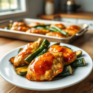 Plated sheet pan hot honey chicken and zucchini, showcasing the finished dish with vibrant colors.