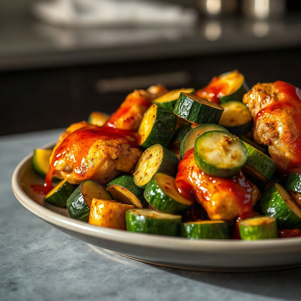 Sheet Pan Hot Honey Chicken and Zucchini: Easy One-Pan Dinner 6 A plated serving of sheet pan hot honey chicken and zucchini, garnished with fresh herbs, showcasing the dish's vibrant colors.