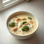 Finished bowl of Slow Cooker Chicken Broccoli Soup, showcasing creamy soup with chunks of chicken and broccoli.