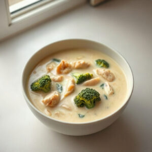 Finished bowl of Slow Cooker Chicken Broccoli Soup, showcasing creamy soup with chunks of chicken and broccoli.